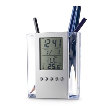 Підставка для ручок з будильником, термометром, календарем, Сріблястий
